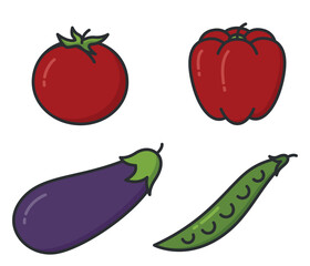 Tomato, red bell pepper, eggplant and peas. Vegetable and harvest symbols. Natural organic foods. Isolated vector images