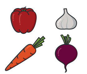 Red bell pepper, carrot, garlic and beetroot. Vegetable and harvest symbols. Natural organic foods. Isolated vector images