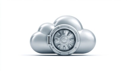 Metallic cloud-like form featuring a vault door, symbolizing digital security and data protection