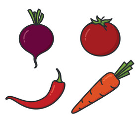 Tomato, hot chili pepper, carrot and beetroot. Vegetable and harvest symbols. Natural organic foods. Isolated vector images