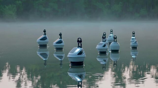 Row of smart buoy sensors drifts on fog lake, buoy sensor records clean water data, bright buoy sensor guides conservation. Concept aquatic IoT