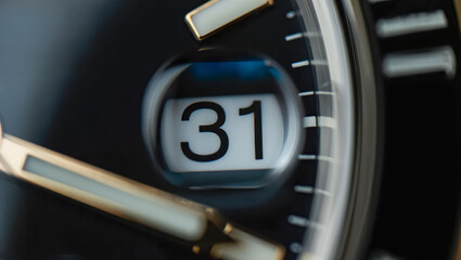 Close-up view of a luxury wrist watch face, highlighting the date display showing 31 through a magnified window