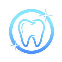 Minimal blue gradient vector of a clean tooth with sparkle effects inside a circle. Ideal for dental, oral care, or hygiene-related concepts