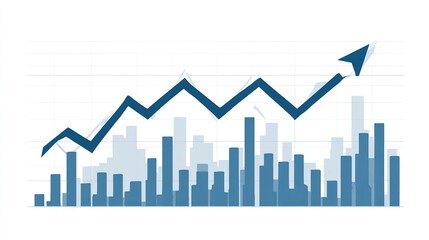 Graphic showing a rising trend over bar graphs representing a city, suggesting growth