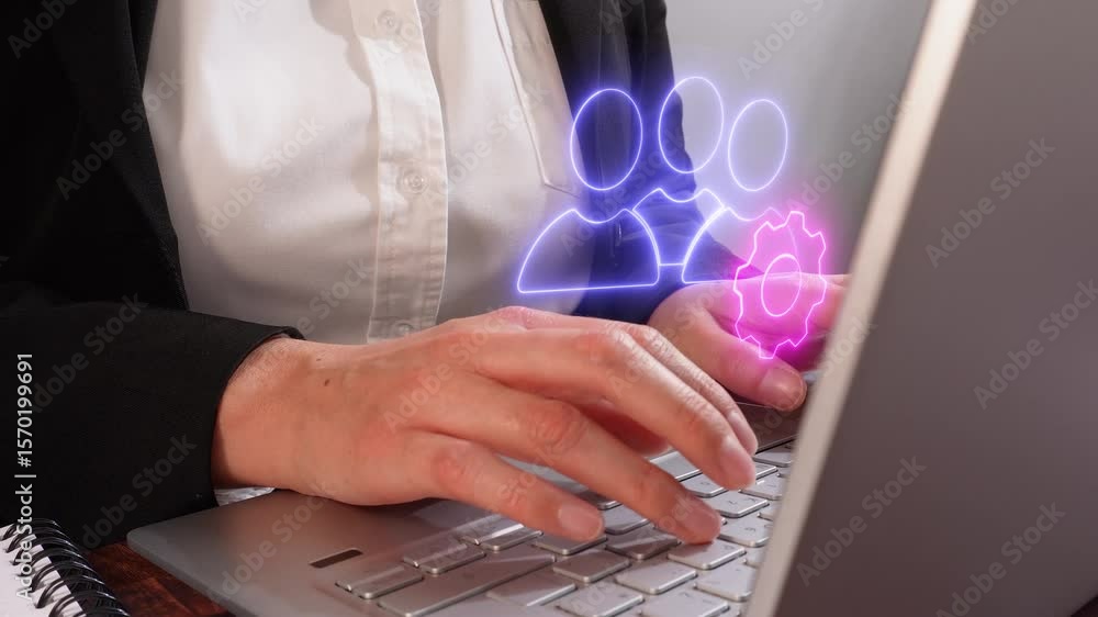 Poster close-up of a woman's hands typing on her computer keyboard, with a glowing virtual icon of a group 
