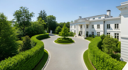 Obraz premium Elegant Estate With Manicured Landscape And Classic Architecture Residence Style