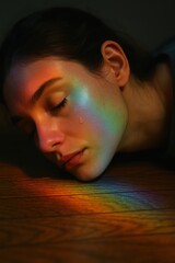 Young caucasian female with tear and rainbow light reflection on face