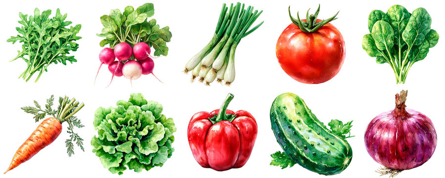 Watercolor vegetables set with transparent background  