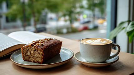 Banana Cake Walnut Loaf Latte Art Coffee Ceramic Plate Window Street Cafe Bakery Poster Editorial