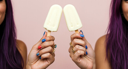 Two hands holding vanilla popsicles with colorful nail polish