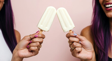 Two hands holding vanilla popsicles with colorful nail polish