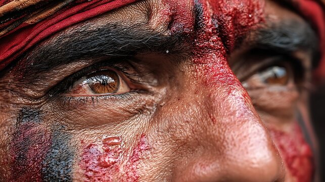 A close-up of teary eyes during Ashura matam
