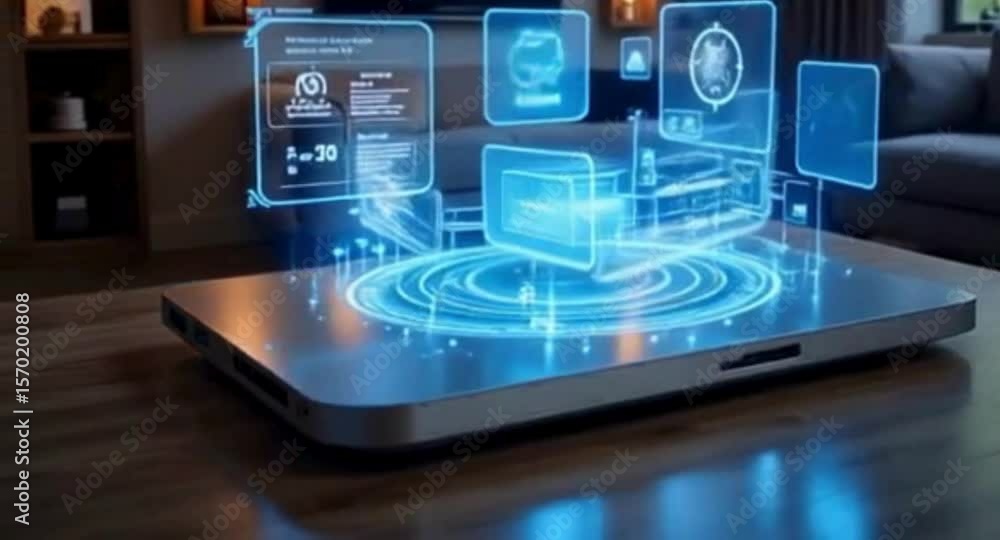 Poster futuristic technology interface displayed on a sleek device in a modern home