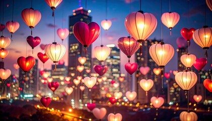 Heart Lanterns Hanging in Cityscape at Dusk, Romantic Evening