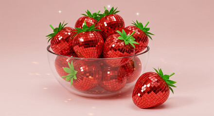 Glass bowl filled with disco ball strawberries on pastel background