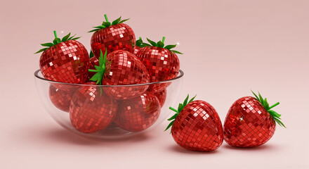 Glass bowl filled with disco ball strawberries on pastel background
