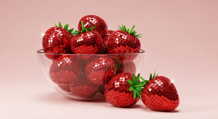 Glass bowl filled with disco ball strawberries on pastel background