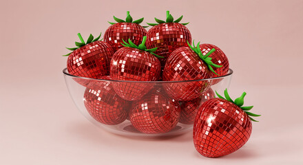 Glass bowl filled with disco ball strawberries on pastel background
