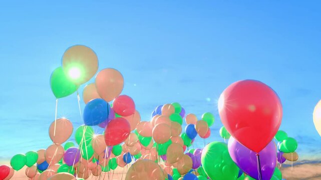 Releasing lots of colorful metal, heart haped balloons with normal rubber ones to blue sky as a party or carnival celebration. 3d animated video. 