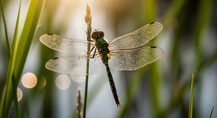 Emerald Dragonfly Resting Peacefully on a Stem in Sunlight and Aquatic Plants