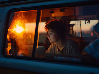 A young freelancer video calling from a camper van at sunset