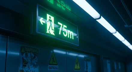 Fototapeta premium Emergency Exit Glowing Sign in Modern Interior Evacuation Direction