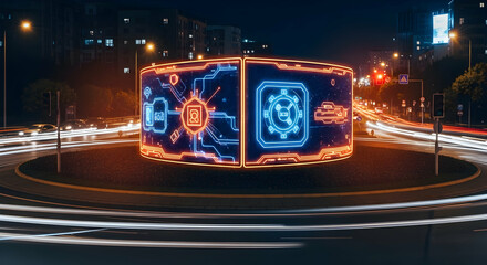 Futuristic Interface Display On City Roundabout At Night With Light Trails
