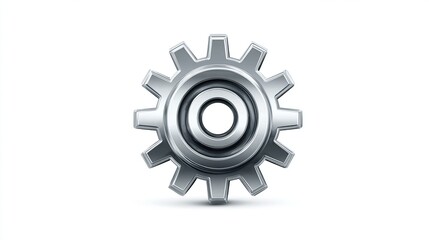 A metallic, three-dimensional gear with sharply defined teeth, a central bore, and subtle shadowing against a white backdrop, suggesting industrial precision