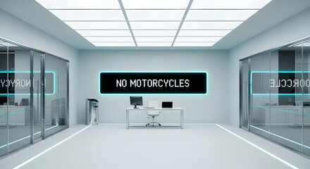 Futuristic Office Environment With Digital Display Conveying No Motorcycles Policy