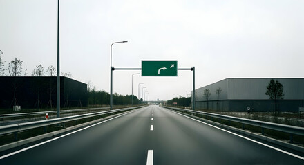 Empty Interstate Highway With A Green Directional Sign Under A Misty Sky