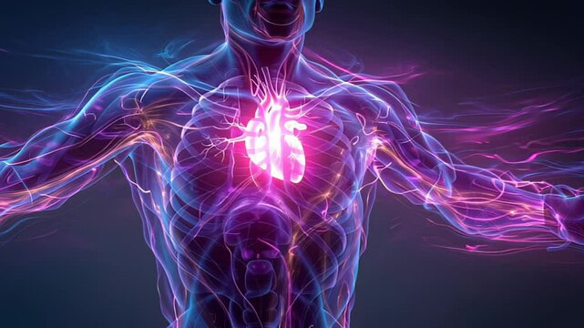 Digital torso glows electric, heart energy pulses bright inside ribs, neon streams carry heart energy along veins, doctors study strong heart energy flow. Concept biomedical vitality