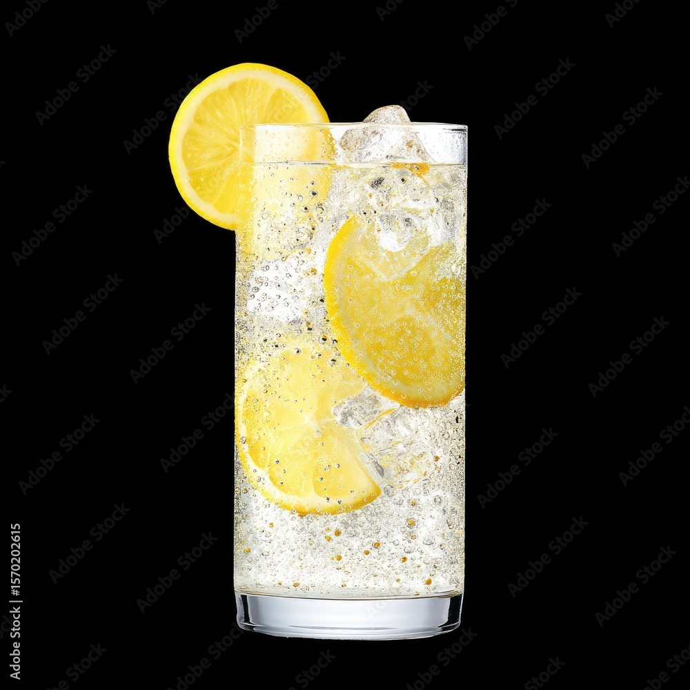 Poster refreshing lemonade with ice and bubbles in a clear glass against a black background for summer vibe