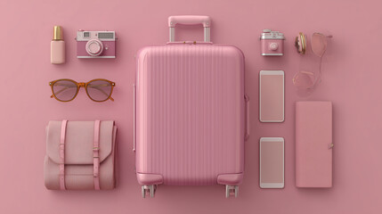 A pastel pink background sets the tone for this 3D travel concept, highlighting a suitcase and curated traveler items in a playful layout.

