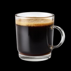 Freshly Brewed Black Coffee in a Glass Mug with Rich Foam and Dark Liquid on a Black Background