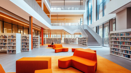 Modern library interior with vibrant seating areas