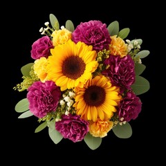 Bright and Vibrant Floral Bouquet with Sunflowers, Carnations, and Greenery on Black Background