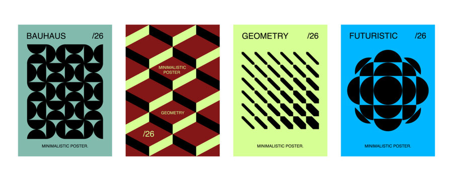 Posters with silhouette minimalistic basic figures, extraordinary graphic assets of geometrical shapes. Trendy bauhaus pattern backgrounds.
