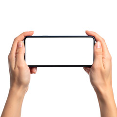 Hands holding a smartphone with a blank screen. The device is presented horizontally
