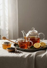 Relaxing tea time with a pot of freshly brewed hot tea, served with lemon and honey in an elegant still life setting