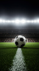 Obraz premium Vintage Soccer Ball Flying Towards the Goal with Motion Blur and Stadium Lights