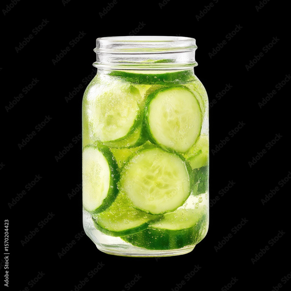 Poster fresh and crisp cucumber slices in jar of sparkling water on black background