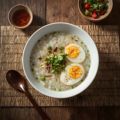 Flat Lay of Chinese Congee with Salted Egg and Scallions in White Bowl