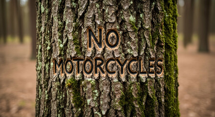 Engraved Message On Tree Saying No Motorcycles In Nature Preservation Area