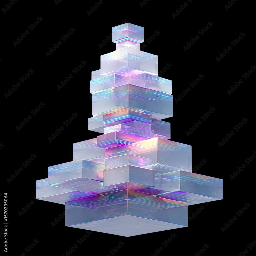Poster abstract geometric structure with translucent blocks and iridescent reflections on a black backgroun