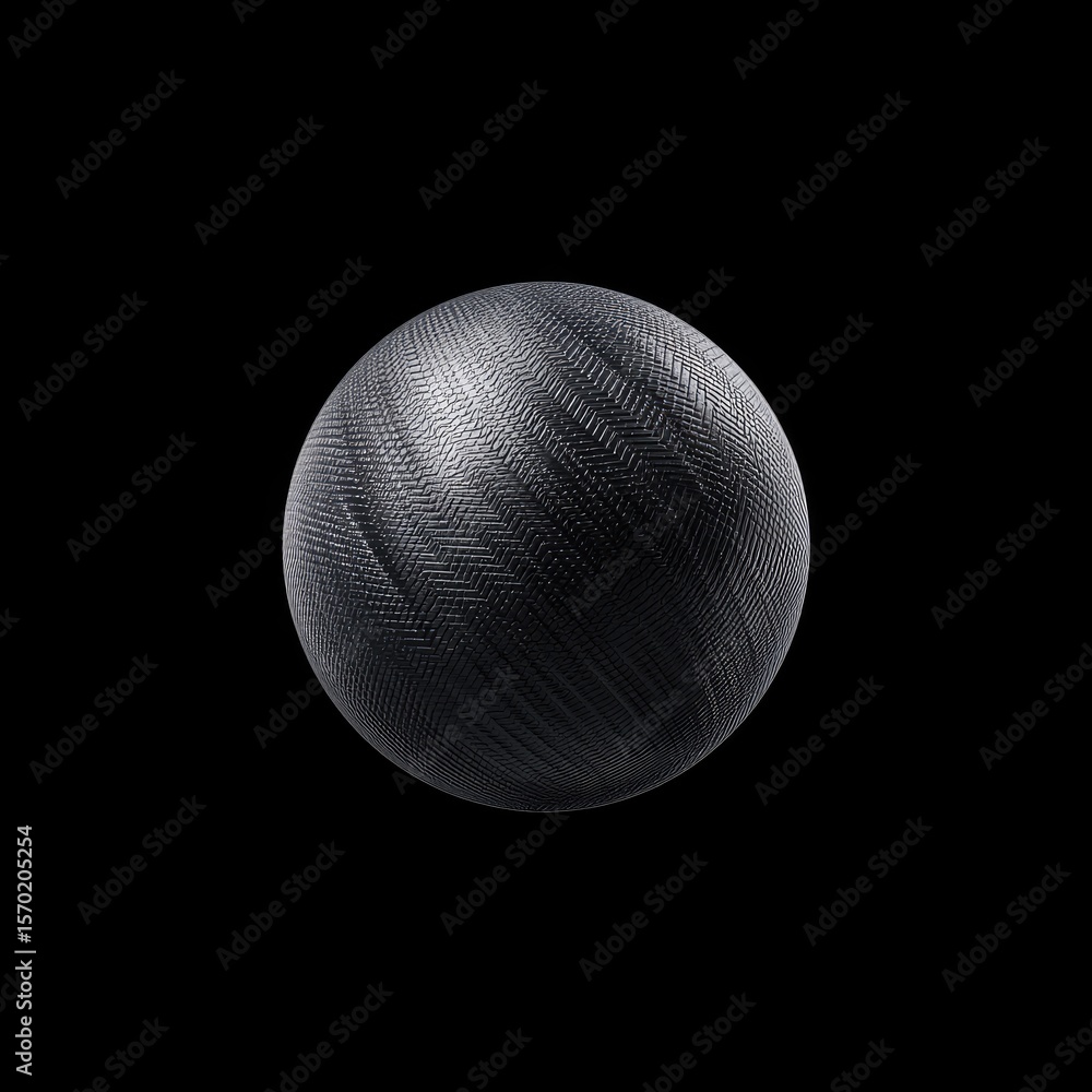 Poster black textured sphere on dark background with circular patterns and smooth surface highlights