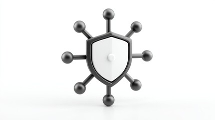 A 3D rendering of a white shield centered within a dark-grey, spherical-node network, suggesting protection and connectivity