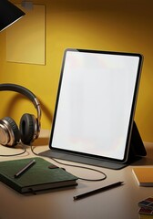 A tablet mockup on a desk with headphones and a notebook. A concept for e-learning, online courses, listening to a podcast, or a modern study/work from home setup.