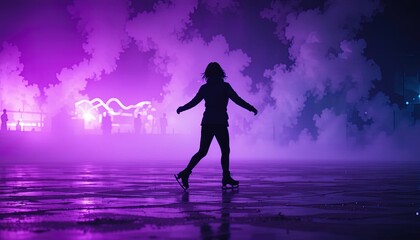 Silhouette of a person ice skating in a vibrant purple night scene.