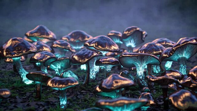 Bioluminescent mushrooms carpet silent woods, bioluminescent mushrooms emit cyan glimmer, wanderers marvel at bioluminescent mushrooms spectacle. Concept fantasy habitat