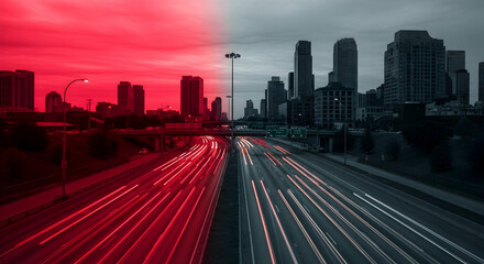 Fototapeta premium Dualistic Cityscape Red And Monochrome Divided Urban Skyline And Light Trails